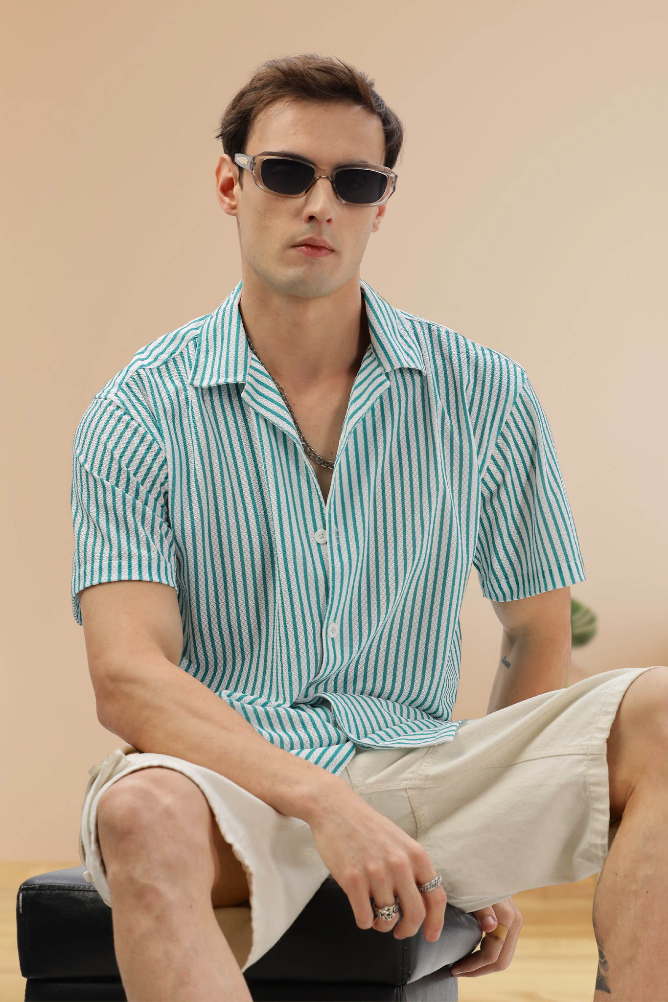 TURQUOISE GREEN STRIPE CUBAN COLLAR SHIRT