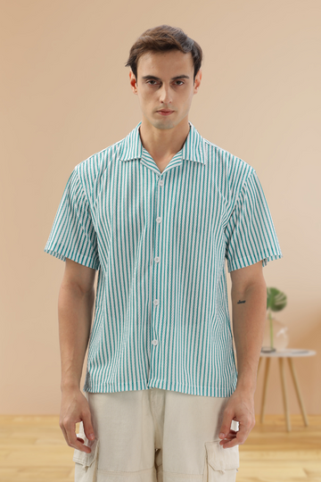 TURQUOISE GREEN STRIPE CUBAN COLLAR SHIRT