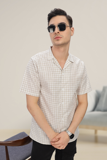 WHITE & BEIGE CHECKED COTTON SHIRT